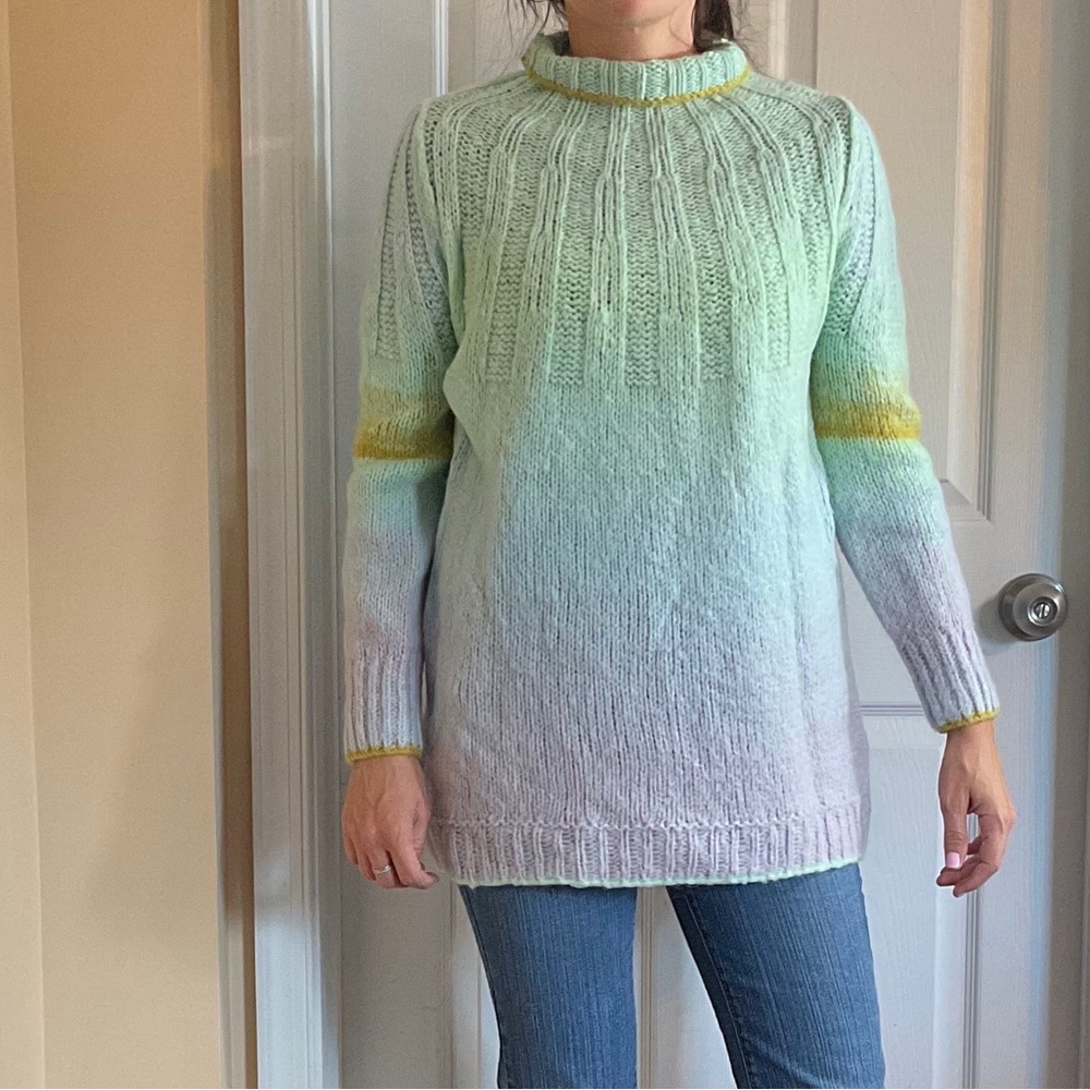 Anthropologie Mint-to-Lilac Ombre Cowl Sweater with Yellow Trim